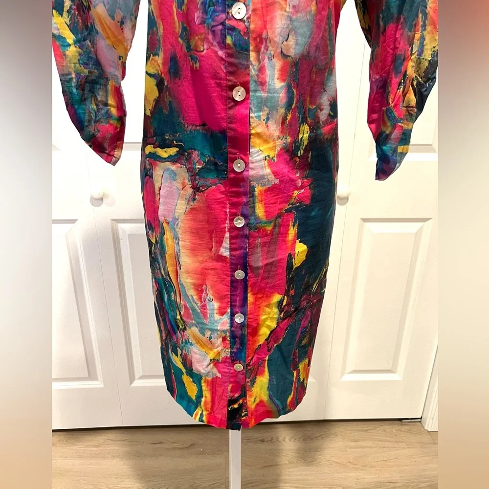 Soft Surroundings Multicolor Abstract Long Sleeve Buttoned Down Dress - Picture 3 of 6